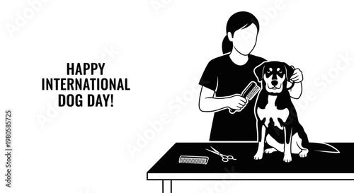 Professional pet groomer brushing a dog on a grooming table for International Dog Day.