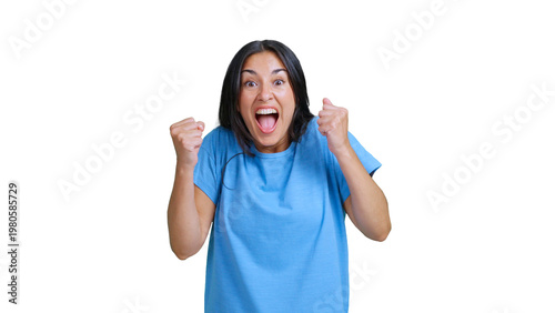 Valokuva Happy woman cheering success expressing excitement on transparent background