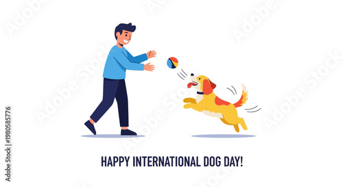 A happy man playing fetch with his cute golden dog.