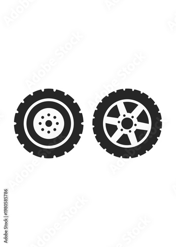 Minimalist black and white graphic set featuring a heavy duty tread tire and a modern five spoke alloy rim design for transportation themes.