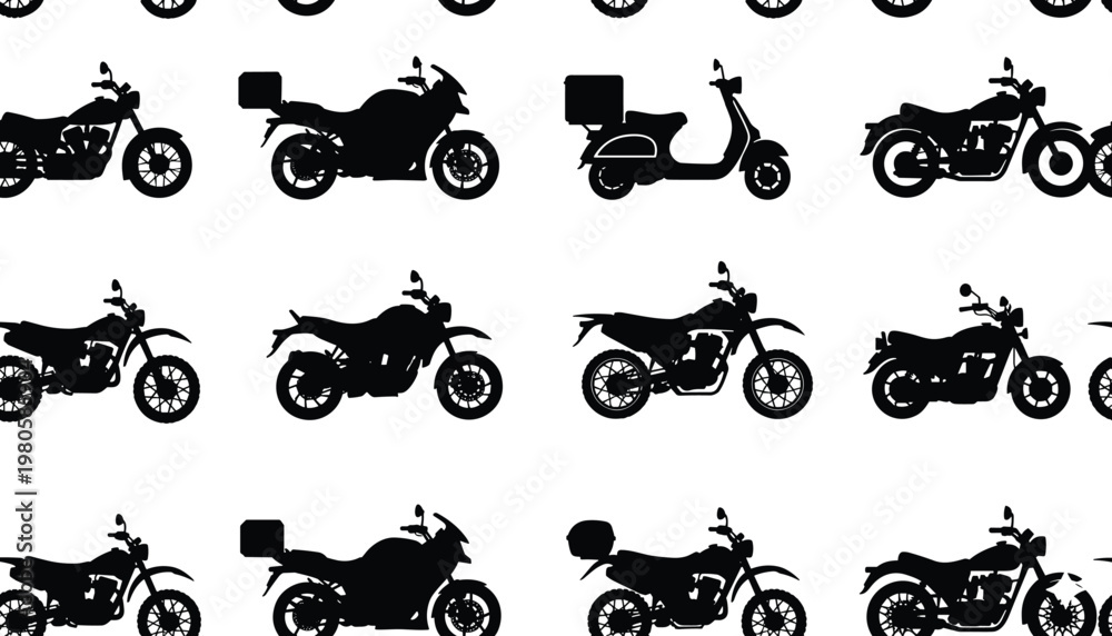 Obraz premium Vector Seamless Pattern Of Motorcycle Silhouettes Featuring Sport Bikes Cruisers And Delivery Scooters For Automotive Branding Racing Wallpaper And Transportation Graphic Design Backdrops