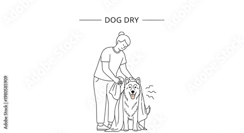 A line art illustration of a person drying their wet dog with a towel.