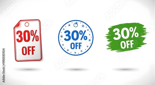 Set of 30% Off Discount Tags and Promotional Sale Labels in Red Blue and Green Styles