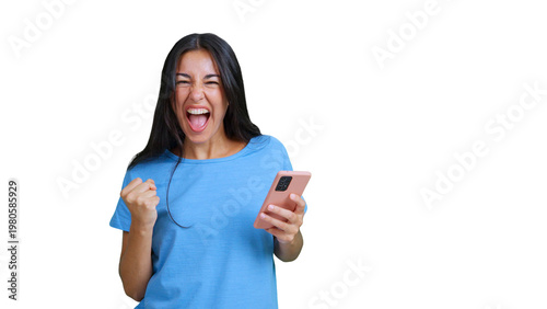 Tableau sur toile Woman celebrating good news holding smartphone screaming