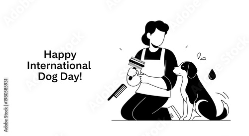 A professional groomer taking care of a cute puppy for International Dog Day.