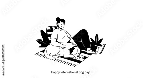 A woman sitting on a rug petting her sleeping dog at home.