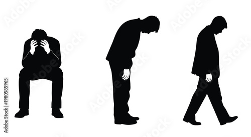 Silhouette depictions of three men showing varying degrees of sadness and despair
