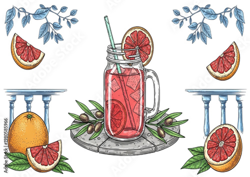 Refreshing pink grapefruit beverage with ice and straw in a mason jar