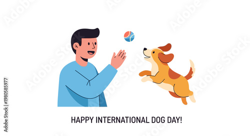 A young man playing with his cute energetic puppy on International Dog Day.