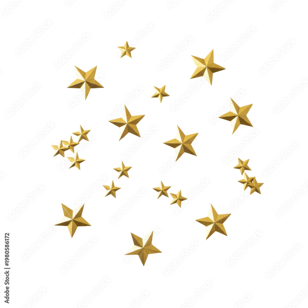 Fototapeta premium Multiple gold foiled paper stars scattered on a white surface, featuring metallic textures and soft shadows in a clean modern festive celebration atmosphere