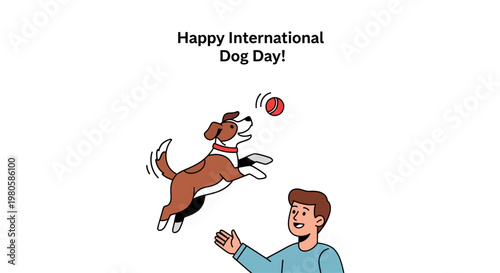Happy International Dog Day illustration featuring a playful dog jumping to catch a ball with its owner.