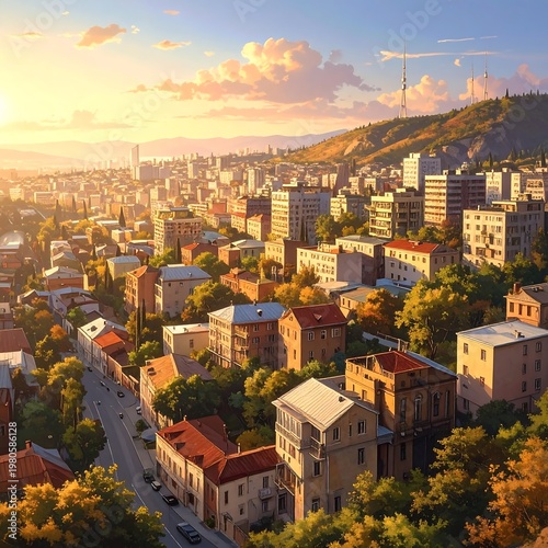 Aerial view of a city during sunset