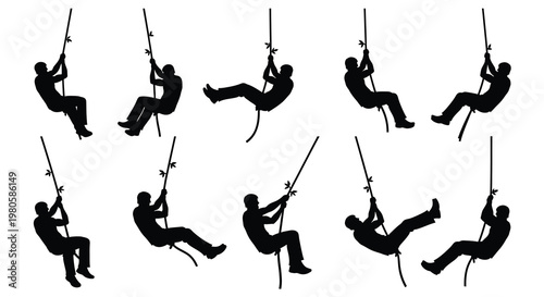 Silhouettes of people swinging on ropes depicting playful movement and recreation