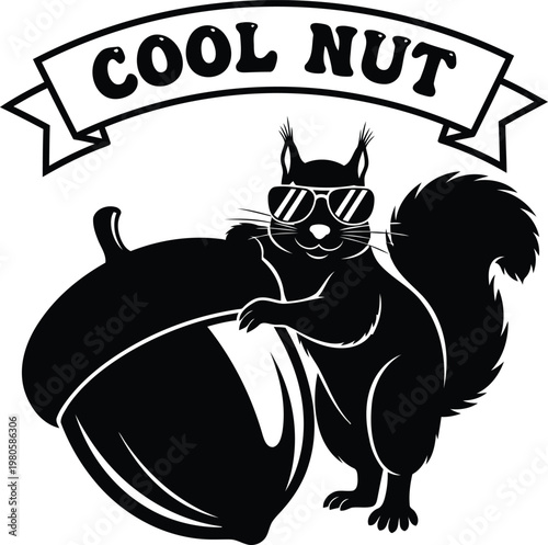 Black squirrel wearing sunglasses standing next to large acorn with cool nut banner