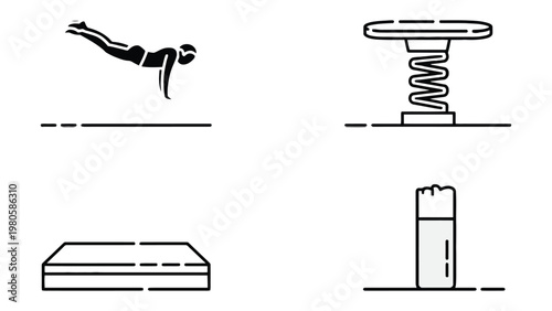 Gymnastics Equipment Line Art: Minimalist line art illustrations showcase various pieces of gymnastics equipment, perfect for visualizing the tools and apparatus used in the sport. 
