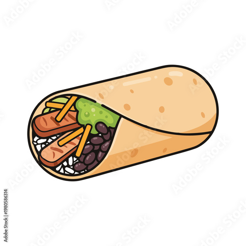 Burrito flat icon Mexican food wrap with rice beans and meat