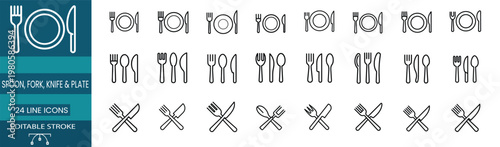 Restaurant and cutlery web line icons set featuring plate with fork and knife dinner set spoon trio crossed tools kitchen tableware and more Vector Illustration with editable stroke