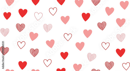 Seamless Heart Pattern Background with Diverse Red and Pink Hand Drawn Doodle Style Heart Icons for Romantic Wedding Backgrounds and Valentine Day Stationery Design