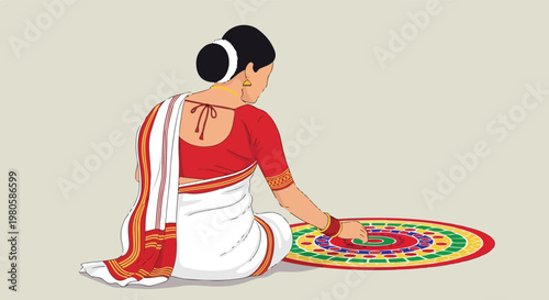 Woman in traditional attire creating a colorful rangoli design on the floor, viewed from behind.