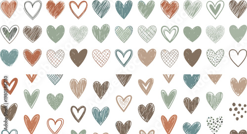 Hand Drawn Heart Vector Set with Ornate Scribble Textures and Earthy Tones for Romantic Greeting Cards Wedding Invitations and Rustic Valentine Day Graphic Design Projects
