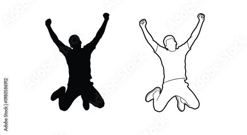 Silhouettes of jubilant people jumping with arms raised in celebration