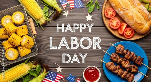 Labor day celebration food background with grilled corn, meat skewers, tomato slices, and bread on a rustic wooden table