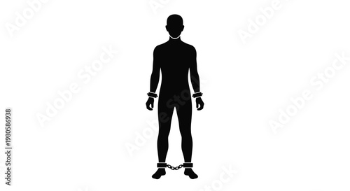 Silhouette of a person standing with hands and ankles restrained in chains