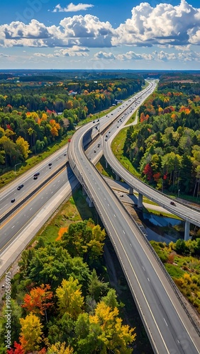 Aerial view of highways intersecting through a vibrant forest landscape