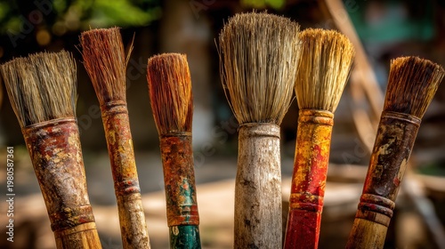 Group of Worn Industrial Art Brushes with Stiff Bristles