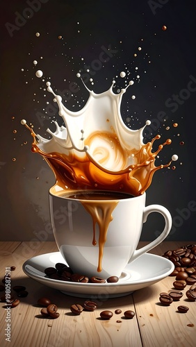 A white coffee cup on a saucer with splashing liquid and coffee beans