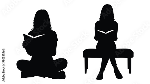 Two women are depicted in silhouette each engrossed in reading a book with focused concentration