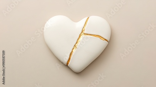 kintsugi. A cracked heart-shaped ceramic ornament repaired with gold lacquer on a neutral background. wellbeing guides.