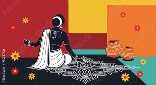 An illustration of a woman in traditional Indian attire drawing a beautiful rangoli pattern on the floor with decorative pots and flowers in a vibrant setting.