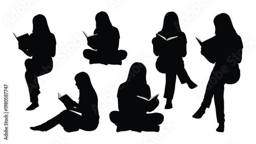 Silhouette figures of six people engrossed in reading books depicted in a minimalist black and white style