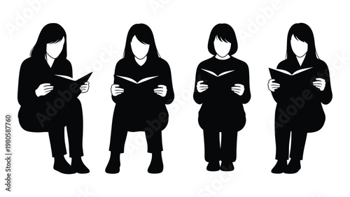 Four women are depicted reading books presented as a minimalist black and white silhouette illustration