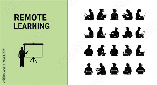 Set of black vector silhouettes illustrating students and teachers engaged in remote learning study activities online