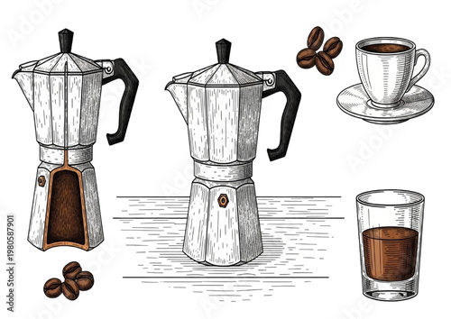 Aromatic coffee experience captured in this vintage illustration of Moka pot brewing essentials and fresh espresso