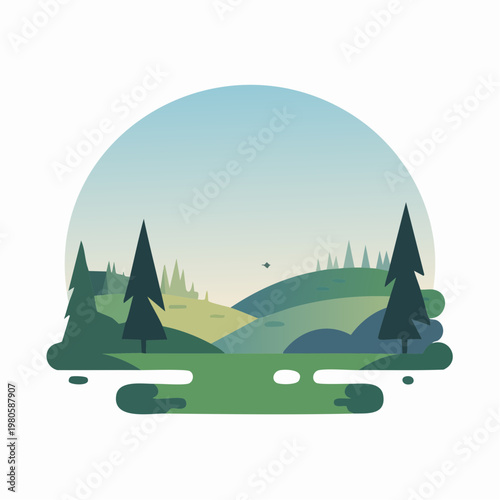 minimalist illustration of green landscape with trees and hills