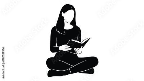 A silhouette of a woman peacefully reading an open book while seated in a relaxed pose