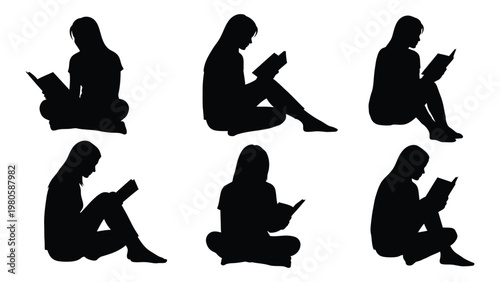 Six silhouettes of people are shown seated and reading books in various poses