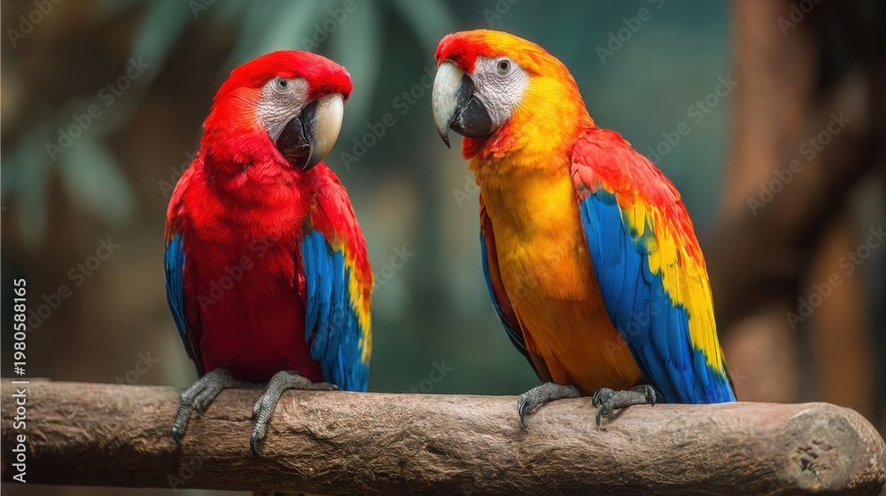 Fototapeta premium Two vibrant macaws perched on a thick branch, displaying their stunning colorful plumage in natural jungle setting.
