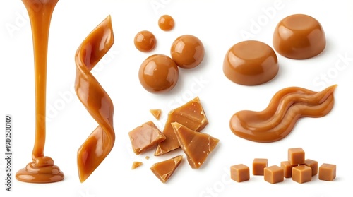 Delicious caramel assortment with liquid, swirls, cubes, and shards on white