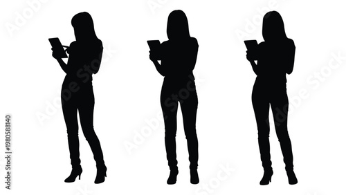 Three women stand in silhouette each holding and viewing a mobile device or tablet