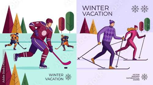 Winter Vacation Flat Vector Illustration Set Featuring Ice Hockey Players and Cross-Country Skiers in a Geometric Snowy Landscape