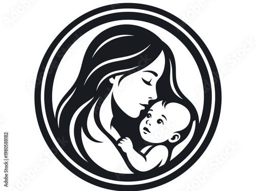Mother and Baby Silhouette Logo, Minimalist Maternal Bond Illustration in Circular Frame, Motherhood and Childcare Vector Icon for Branding and Graphic Design