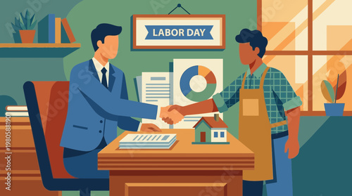 Labor Day Illustration of Businessman and Worker Shaking Hands