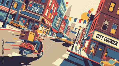 Fast courier delivery service on a motor scooter in urban city