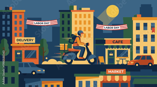 Labor Day City Delivery Courier Scooter Flat Vector Illustration