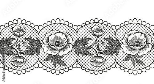 Lace ribbon border vector seamless illustration with poppies, flowers, and leaves. Romantic background for cards and wedding designs. Whimsical flirty hand-drawn ribbon banner. Coquette vintage frill