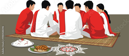 Illustration of a traditional Indian gathering with people sitting on a mat, sharing a meal, and a decorative rangoli on the floor, depicting cultural ceremony.